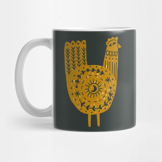 Folk Art Chicken in Gold and Black by Pixelchicken